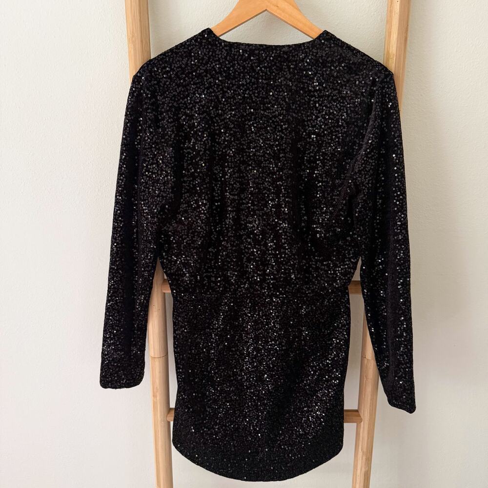 NWT Zara Black Sequin Mini Dress M Padded Shoulder Long Sleeve Party Cocktail - Picture 8 of 10